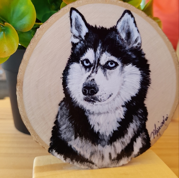 Hand-painted Wooden Tile of Siberian Husky - Picture 6 of 7